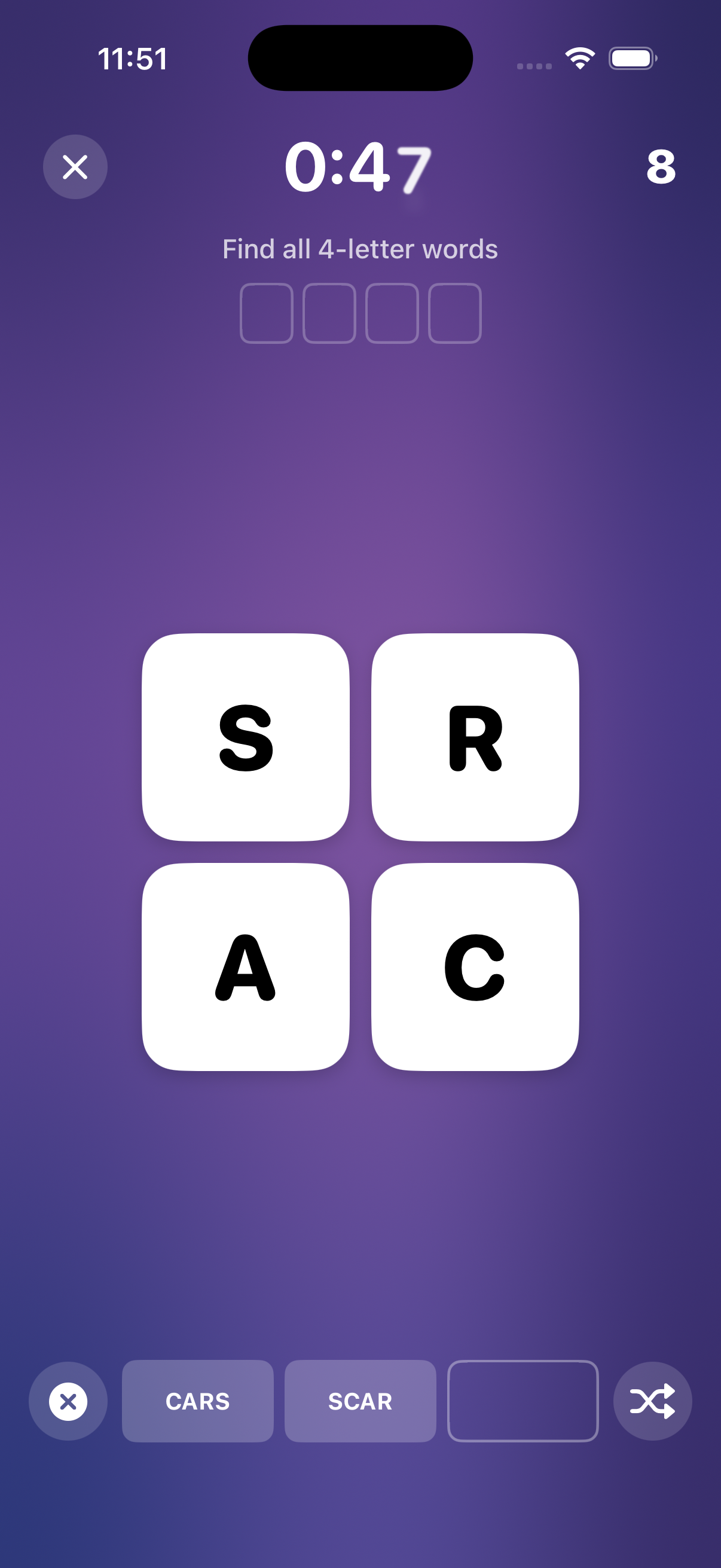 Scrambly 4-letter anagram puzzle gameplay