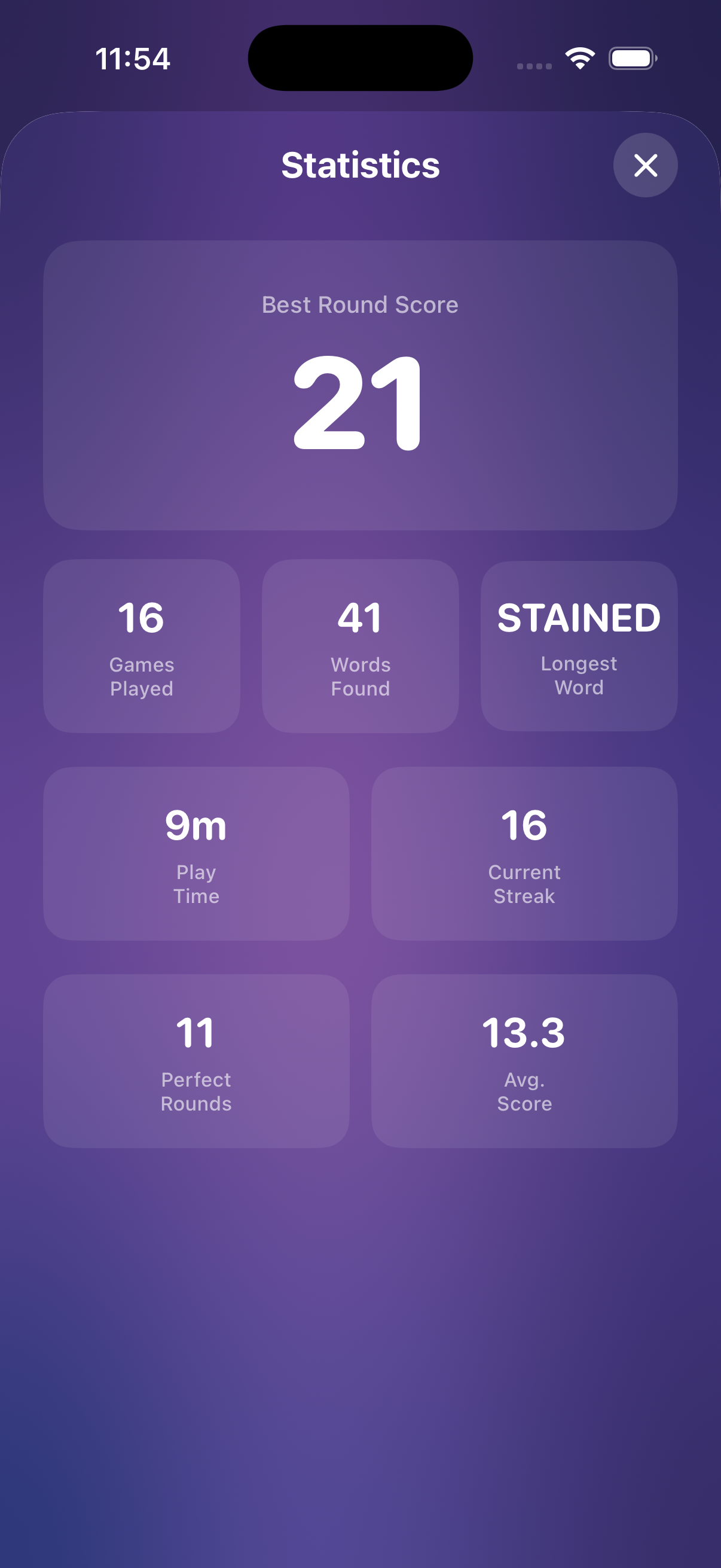 Scrambly statistics dashboard showing high score and streak