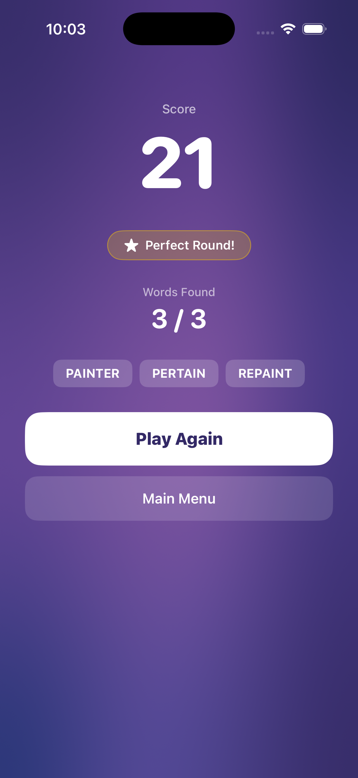 Scrambly perfect score round end celebration screen
